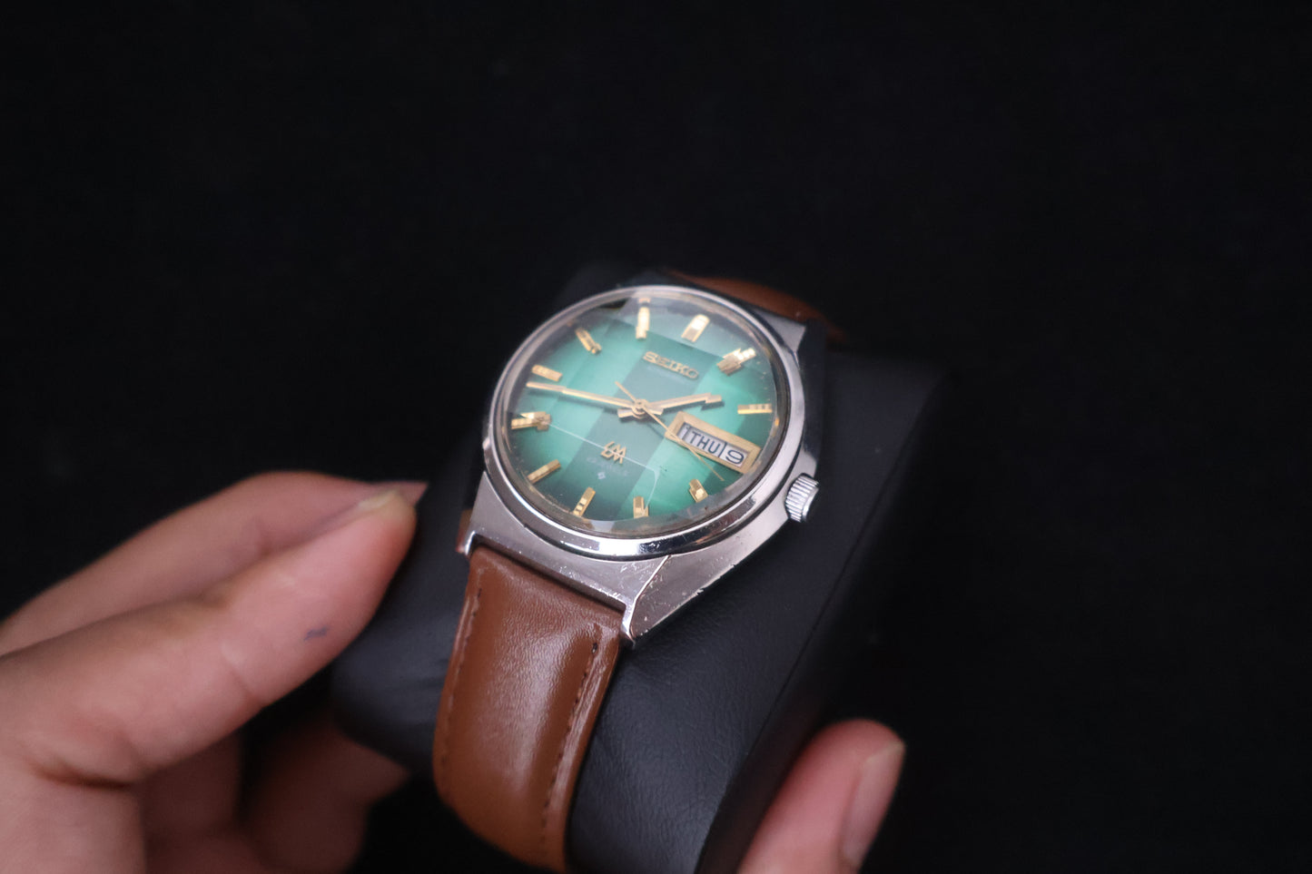 (SERVICED) Rare Vintage 1973 Seiko Lord Matic Emerald Green Faceted 23 Jewels 5606-7310