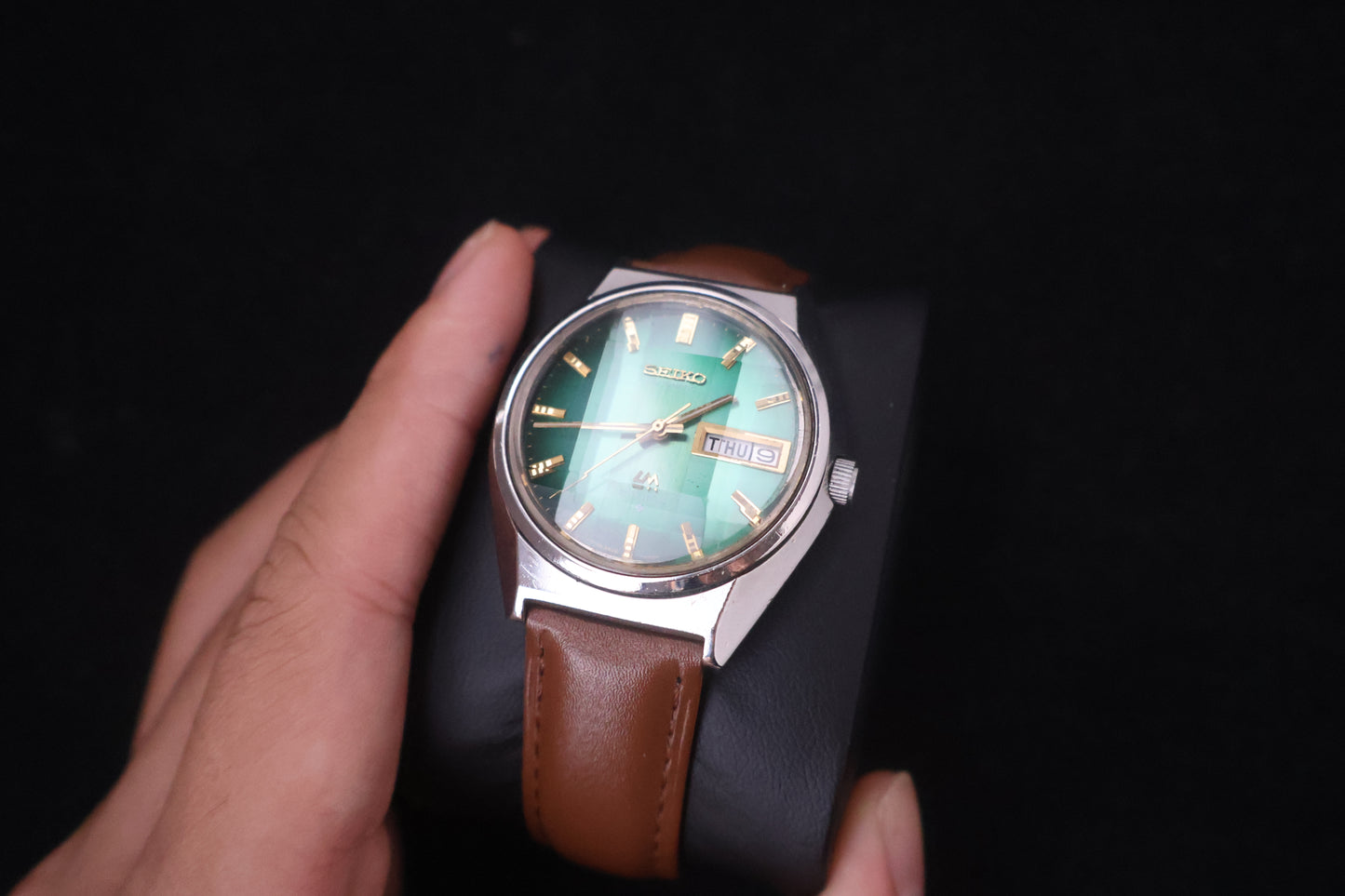 (SERVICED) Rare Vintage 1973 Seiko Lord Matic Emerald Green Faceted 23 Jewels 5606-7310