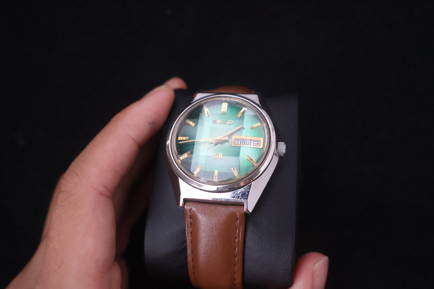 (SERVICED) Rare Vintage 1973 Seiko Lord Matic Emerald Green Faceted 23 Jewels 5606-7310