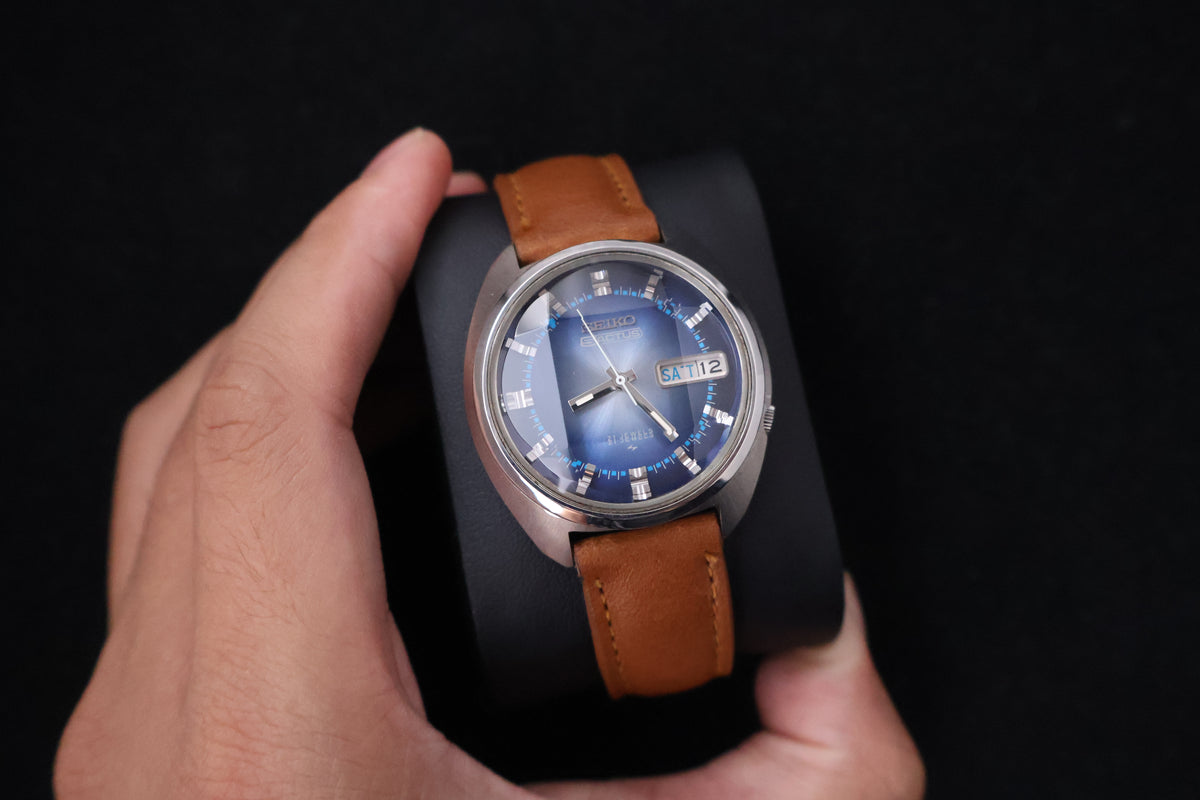 (SERVICED) Rare Vintage 1972 Seiko 5 Actus Blue Faceted 21 Jewels 7019-7210