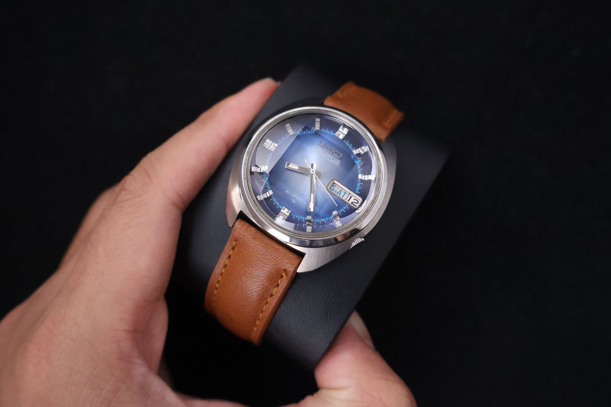 (SERVICED) Rare Vintage 1972 Seiko 5 Actus Blue Faceted 21 Jewels 7019-7210