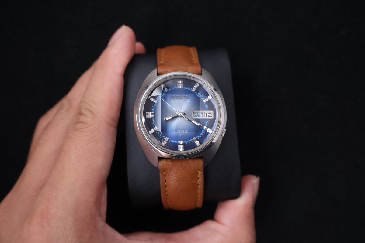 (SERVICED) Rare Vintage 1972 Seiko 5 Actus Blue Faceted 21 Jewels 7019-7210