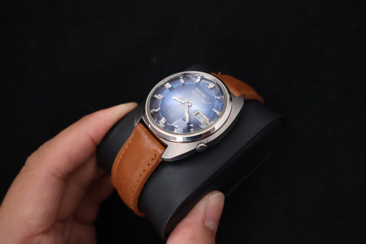 (SERVICED) Rare Vintage 1972 Seiko 5 Actus Blue Faceted 21 Jewels 7019-7210