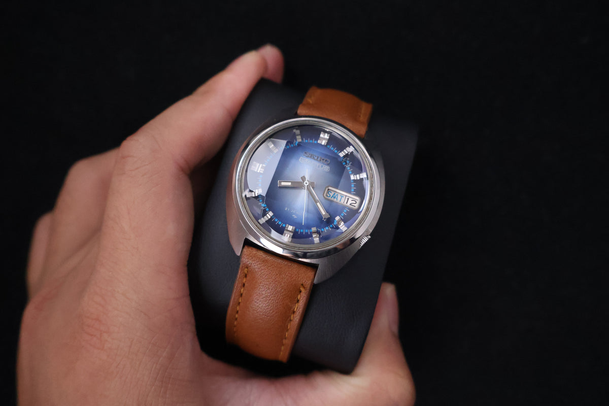 (SERVICED) Rare Vintage 1972 Seiko 5 Actus Blue Faceted 21 Jewels 7019-7210