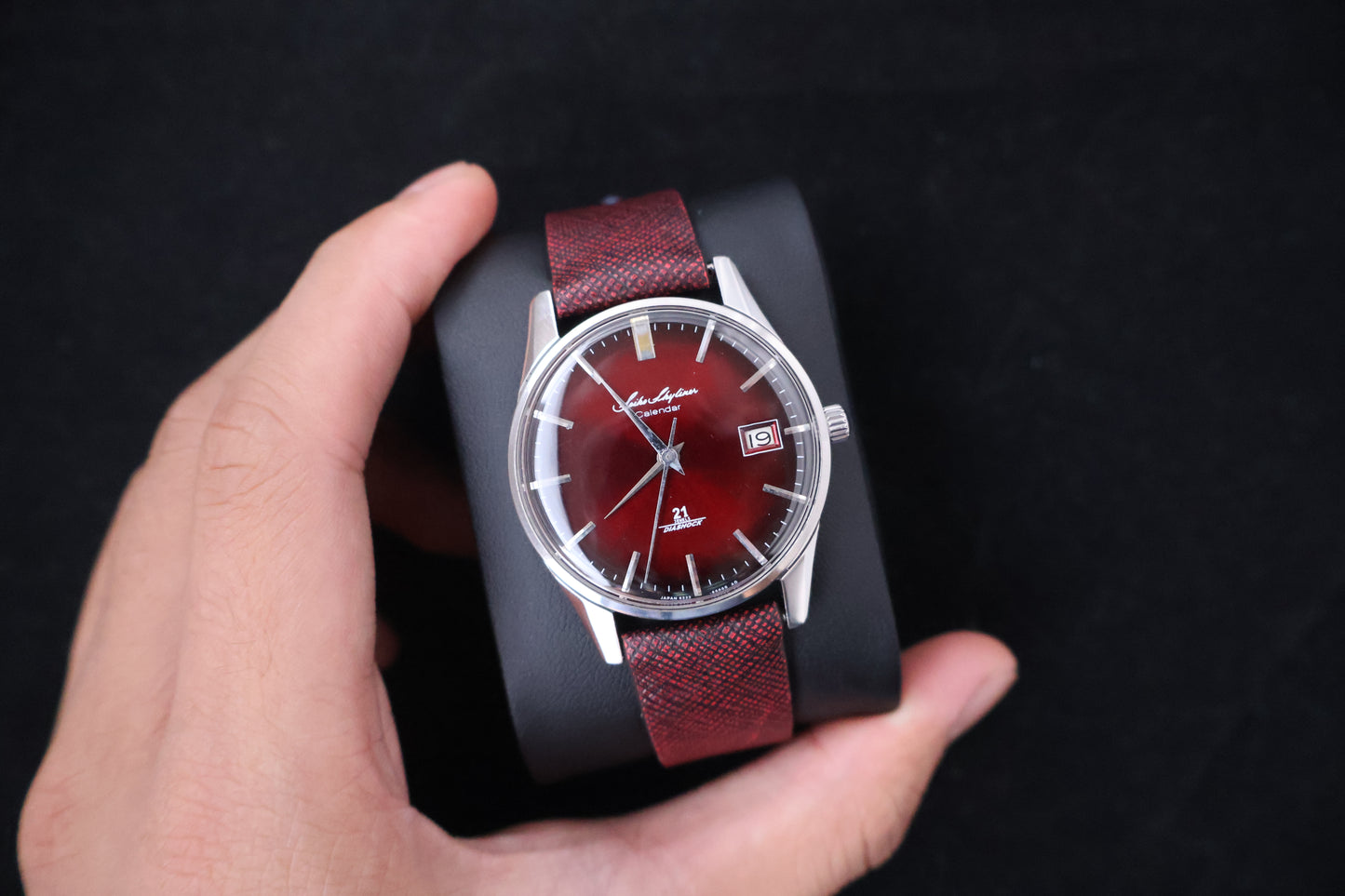 (SERVICED) Rare Vintage 1964 Seiko Skyliner Calendar Burgundy Dial 21 Jewels Ref. J15019