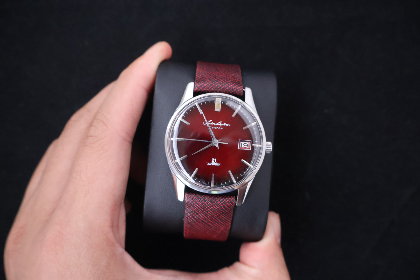 (SERVICED) Rare Vintage 1964 Seiko Skyliner Calendar Burgundy Dial 21 Jewels Ref. J15019