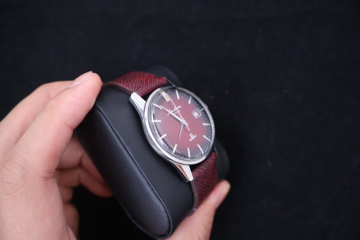 (SERVICED) Rare Vintage 1964 Seiko Skyliner Calendar Burgundy Dial 21 Jewels Ref. J15019