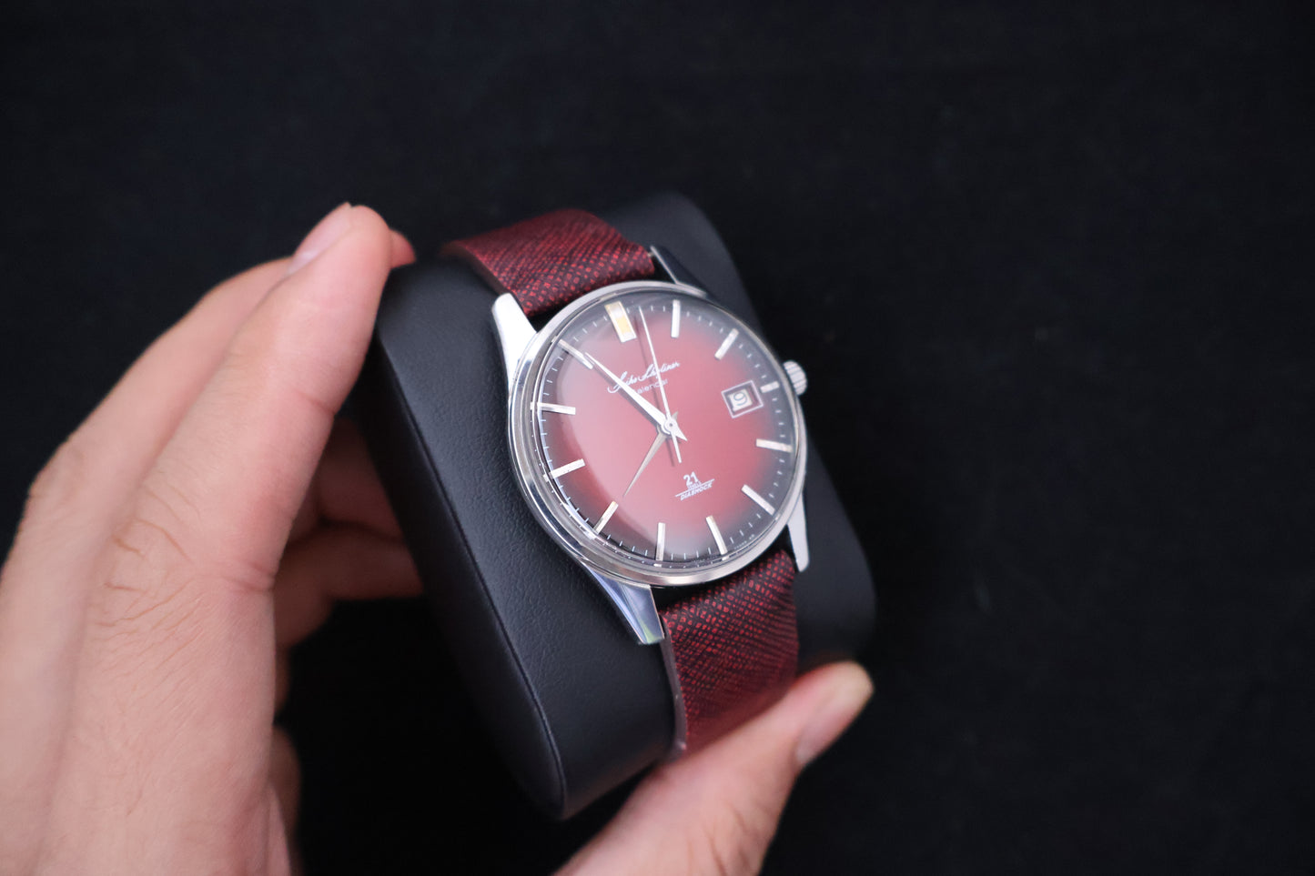 (SERVICED) Rare Vintage 1964 Seiko Skyliner Calendar Burgundy Dial 21 Jewels Ref. J15019