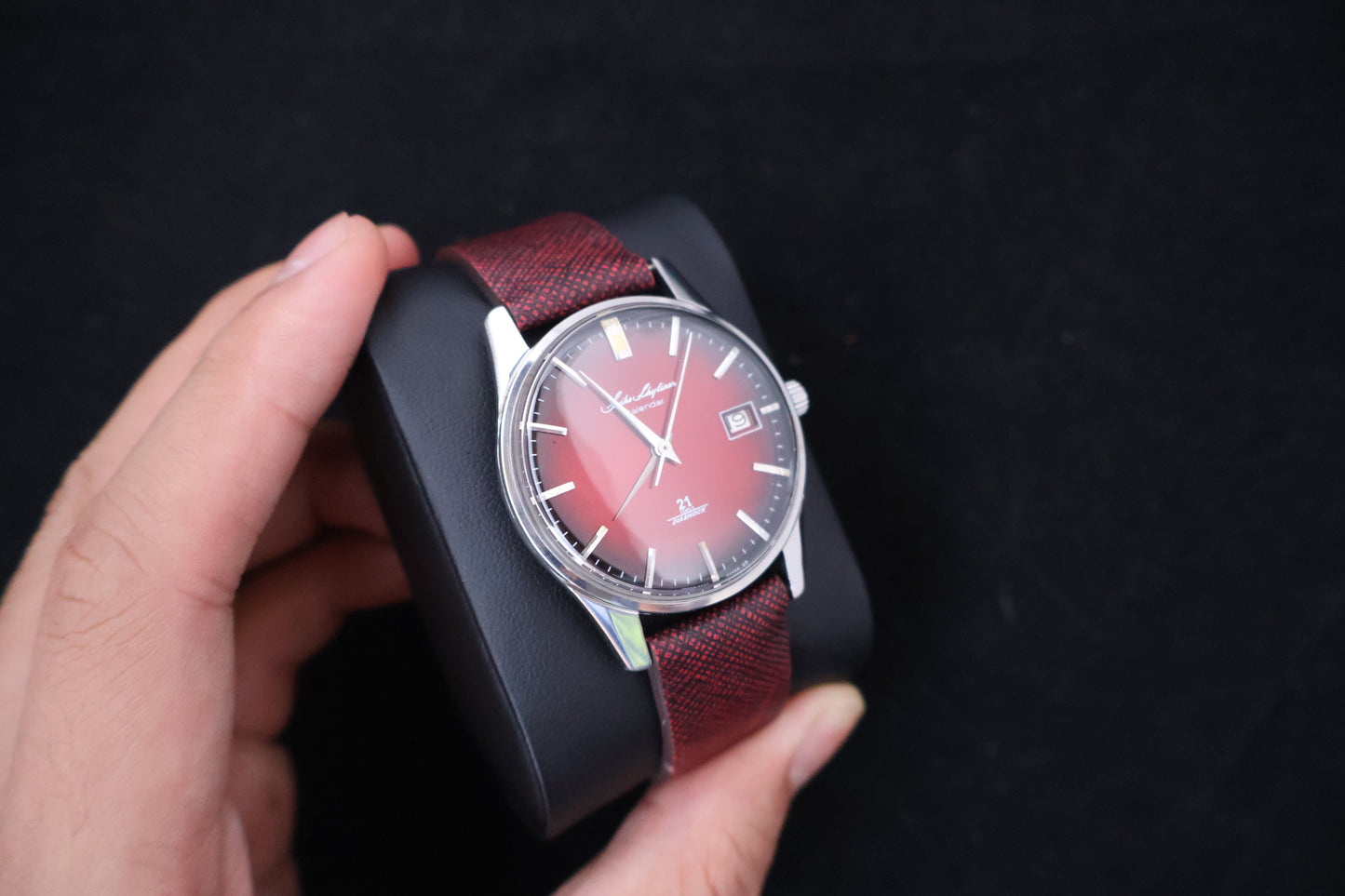 (SERVICED) Rare Vintage 1964 Seiko Skyliner Calendar Burgundy Dial 21 Jewels Ref. J15019